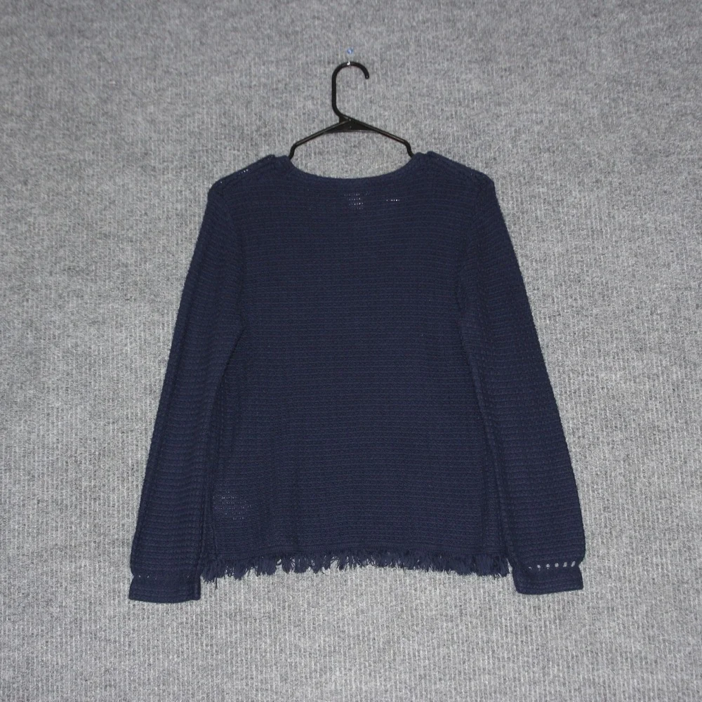 J Crew Navy Blue Cotton Knit Fringe V Neck Sweater Womens Size S Pullover‎